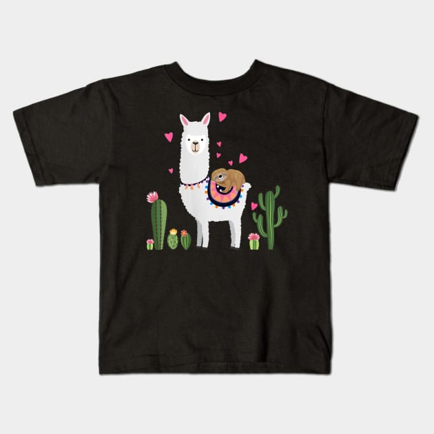 Sloth Riding Llama Valentines Day Hearts Love Shirt Kids T-Shirt by Rozel Clothing